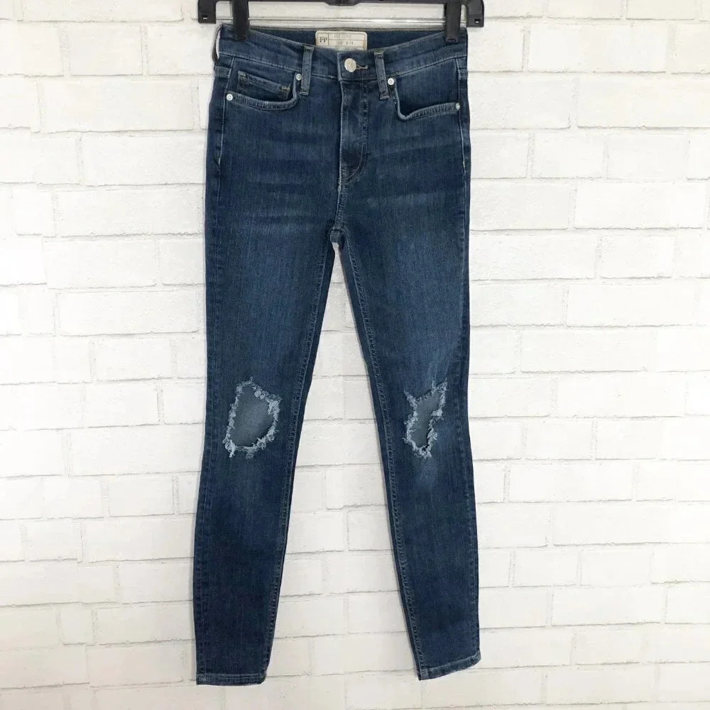 Free People Mid Rise Distressed Skinny Jeans Women's Waist Size 24